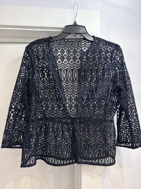 Zara Navy Guipure Lace Open-Front Jacket